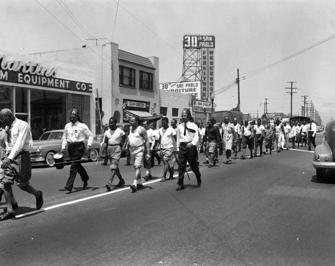 Masons marching in parade at 30th and San Pablo street, Oakland, California