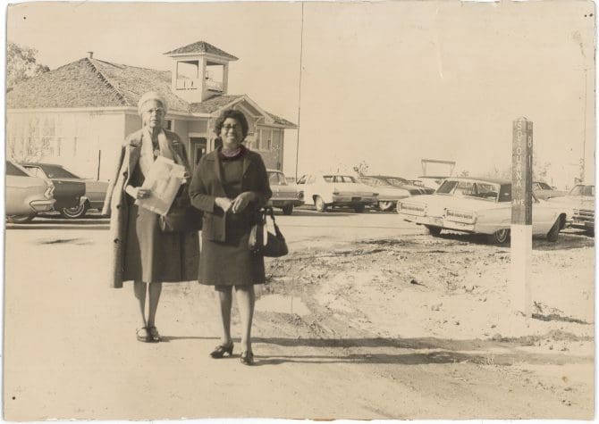 Marcella Ford and Ruth Lasartemay outside Allensworth School House attending a meeting of the Allensworth State Advisory Committee