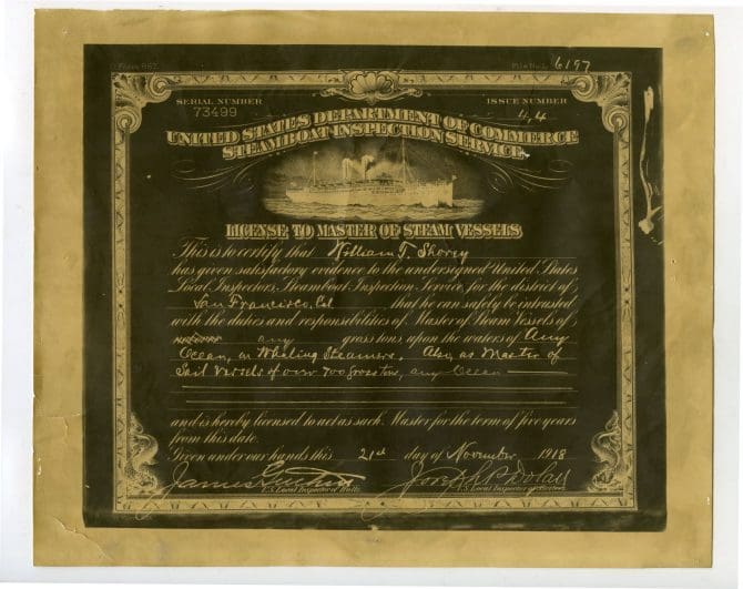 William T. Shorey's United States Department of Commerce Steamboat Inspection Service license