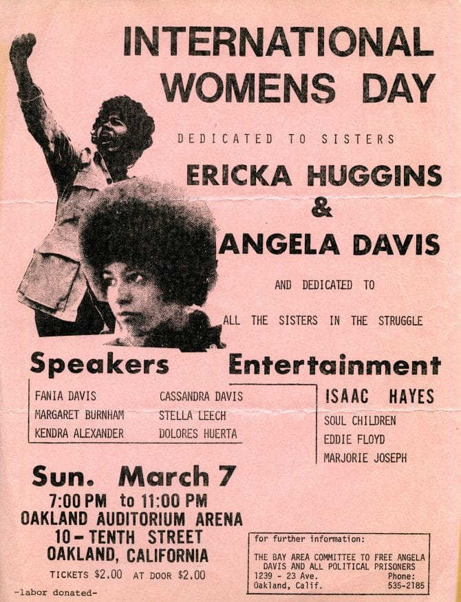 International Women's Day dedicated to Ericka Huggins and Angela Davis flyer