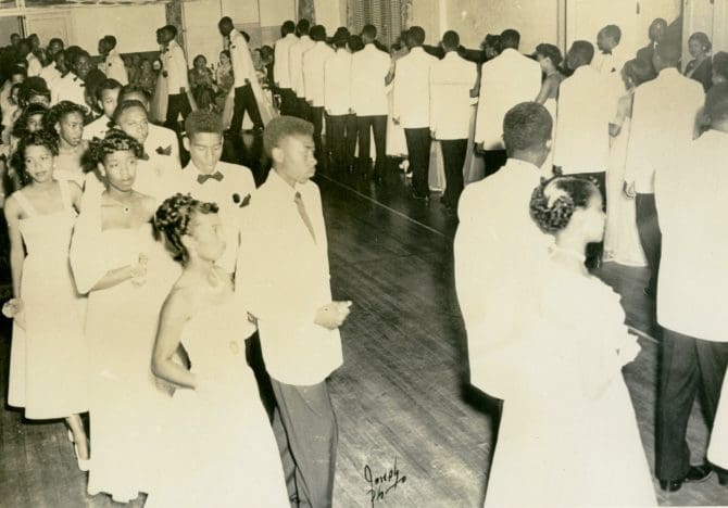 Couple lined up on dance floor at Doris Thompson's cotillion