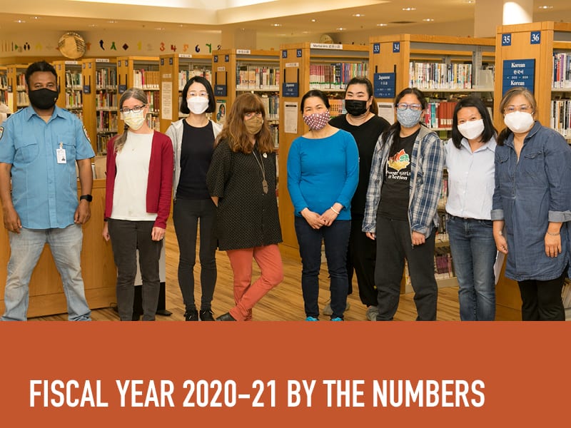 group of library staff in masks, above text reading 'fiscal year 2020-21 by the numbers'