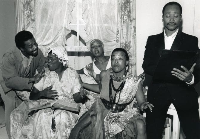 Scene from the Lorraine Hansberry Theatre's production of The Colored Museum (left-right): Melvin Thompson, Terriah McNair, Eloise Chitmon, Rhodessa Jones, and Rob Robinson