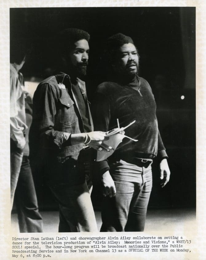 Director Stan Lathan (left) and choreographer Alvin Ailey collaborate on setting a dance for the television production of "Alvin Ailey : Memories and Visions," a WNET/13 Soul! Special