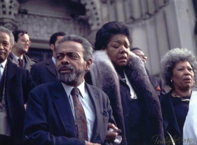 Amiri Baraka, Maya Angelou, Toni Morrison, and Ted Pontiflet on front steps, undated