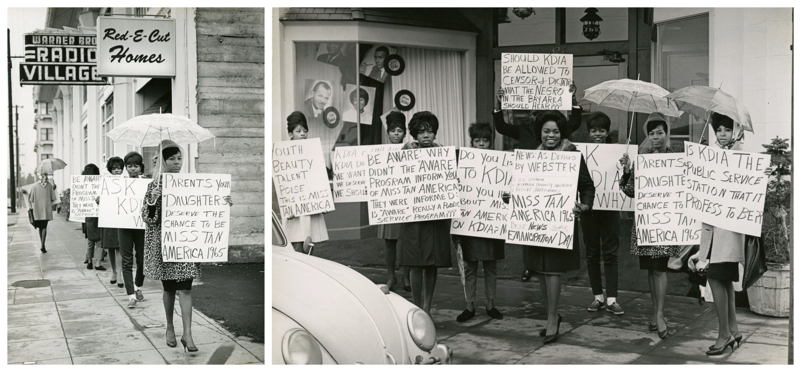 picket signs protesting previous hit KDIA and Miss Tan American Pageant