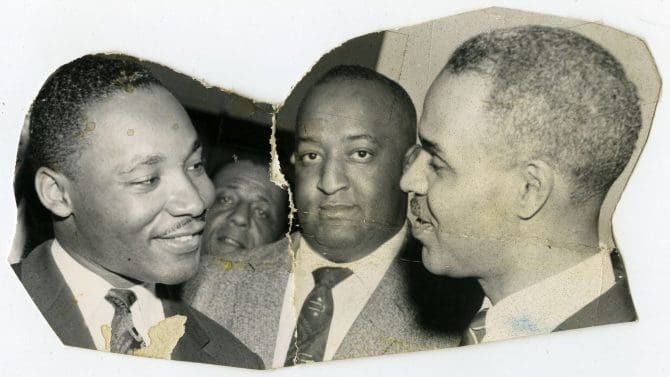 Martin Luther King Jr. talking with Roy Wilkins [part of N.A.A.C.P. San Francisco Convention collage]