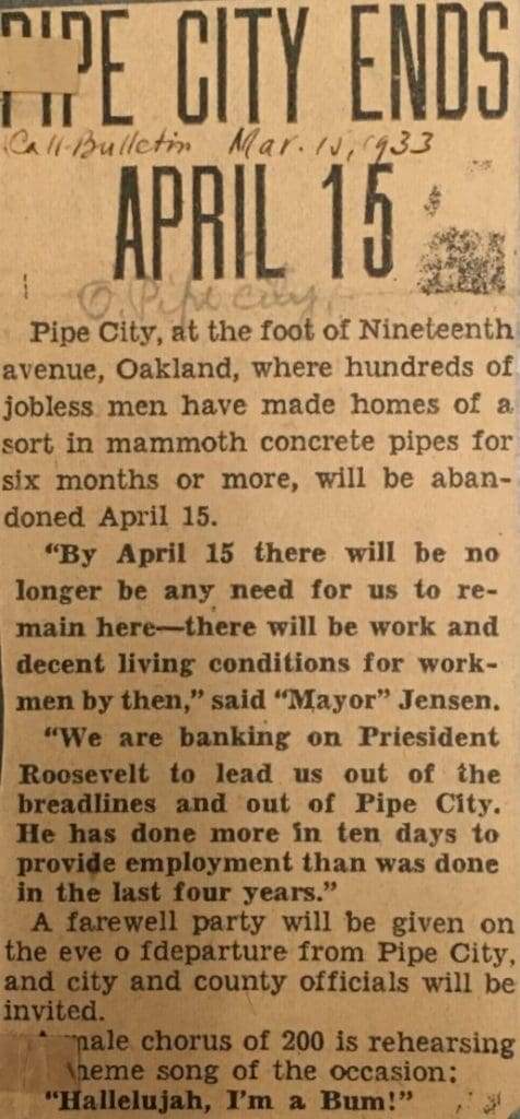 March 15, 1933 article titled "Pipe City Ends April 15" from the San Francisco Call-Bulletin
