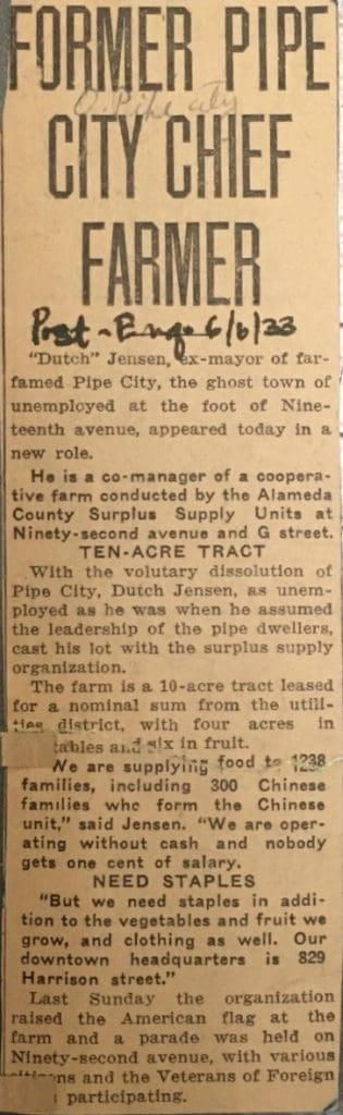 June 6, 1933 article titled "Former Pipe City Chief Farmer" from the Oakland Post-Enquirer