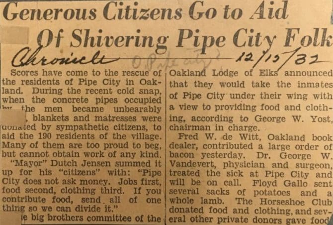 December 15, 1932 article titled "Generous Citizens Go to Aid of Shivering Pipe City Folk" from the San Francisco Chronicle