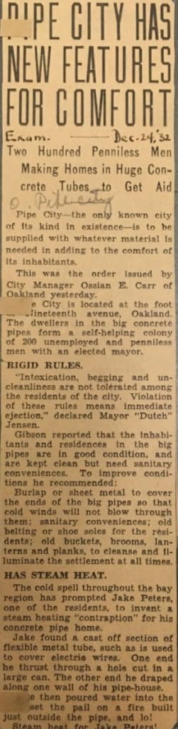 December 24, 1932 article titled "Pipe City Has New Features for Comfort" from the San Francisco Examiner