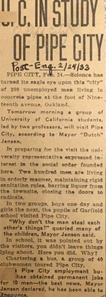 February 24, 1933 article titled "U.C. in Study of Pipe City" from the Oakland Post-Enquirer