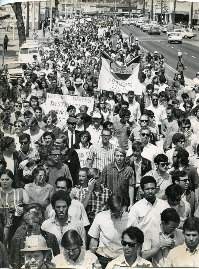 King sympathy marchers walk down Telegraph Ave. in Berkeley, California