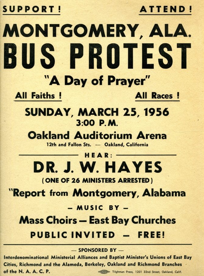 Montgomery, Ala. Bus protest at the Oakland Auditorium Arena flyer, March 25, 1956