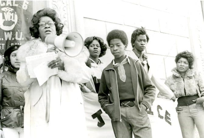 Ms. Mattie Shepard, mother of Tyrone Guyton, speaking before a crowd in front of San Francisco's state building during April 7 demonstration to demand that California attorney general Evelle Younger appoint a special investigator to probe into the murder of her son