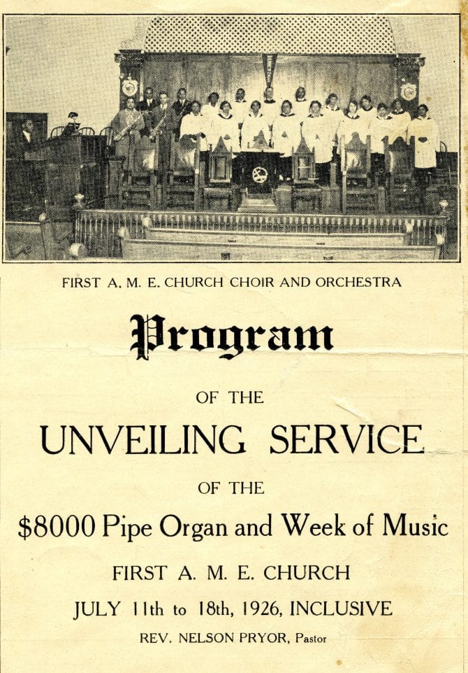 Program of the unveiling service of the pipe organ First A.M.E. Church 1926