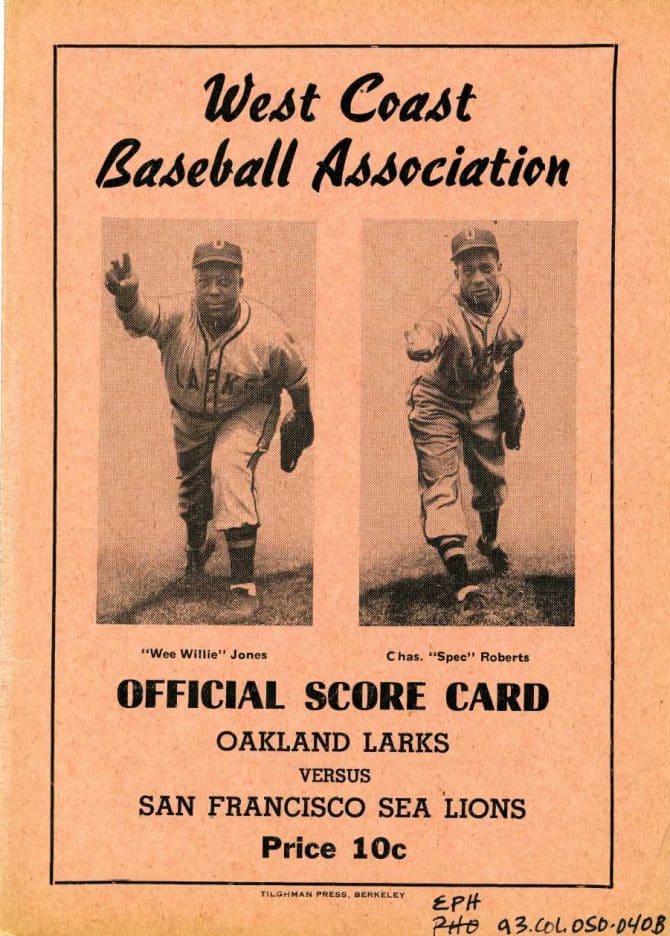 Score card of baseball game of the Oakland Larks versus San Francisco Sea Lions 1946