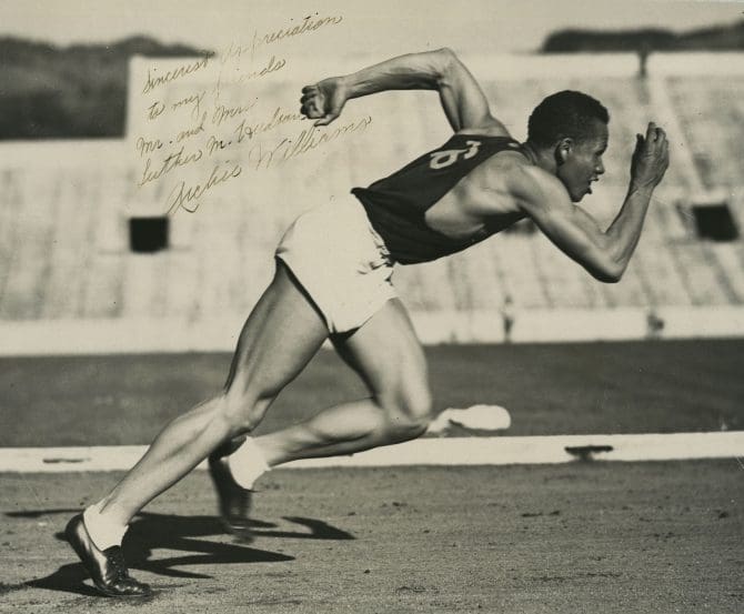 Archie Williams running on track, inscribed "Sincerest appreciation to my friends Mr. and Mrs. Luther M. Hudson Archie Williams"