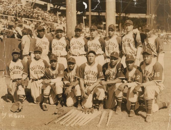 California Eagles baseball team group photograph, pictured Lionel Wilson (bottom, second from left), Mike Red Berry (fourth from left), Eddie Harris (top, second from left)