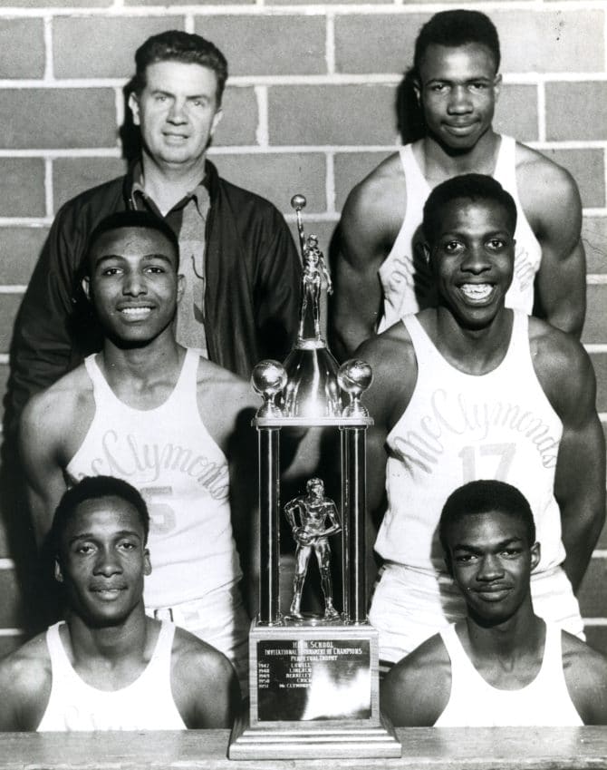 MyClymonds High School (Oakland, Calif.) Group photograph of members of the 1952 McClymonds High School basketball team (pictured Frank Robinson, upper right), 1952