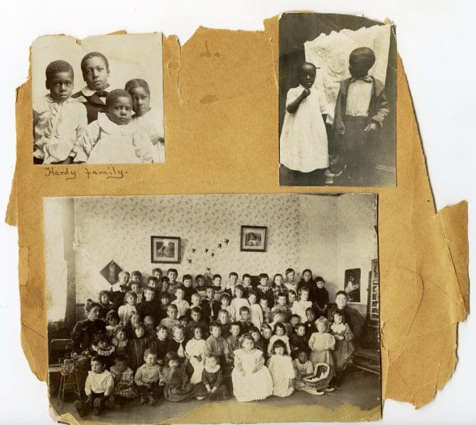 Class photograph of West Oakland kindergarten, portrait of four Hardy family children