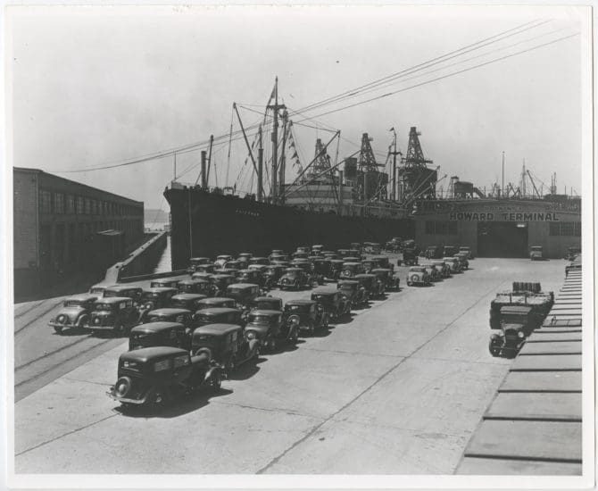 New cars being loaded at Howard Terminal in Oakland, California, for shipment to Seattle.