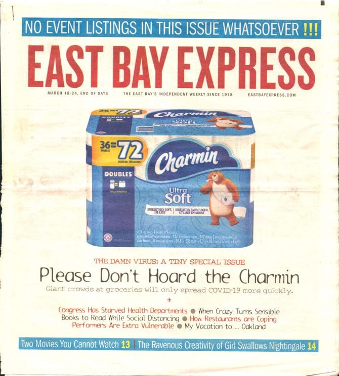 Cover of the East Bay Express newspaper dated March 18-24, End of Days [2020]