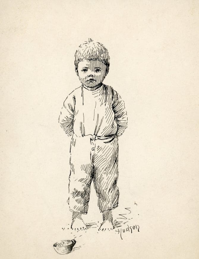 Drawing of a boy standing with a cup at his feet