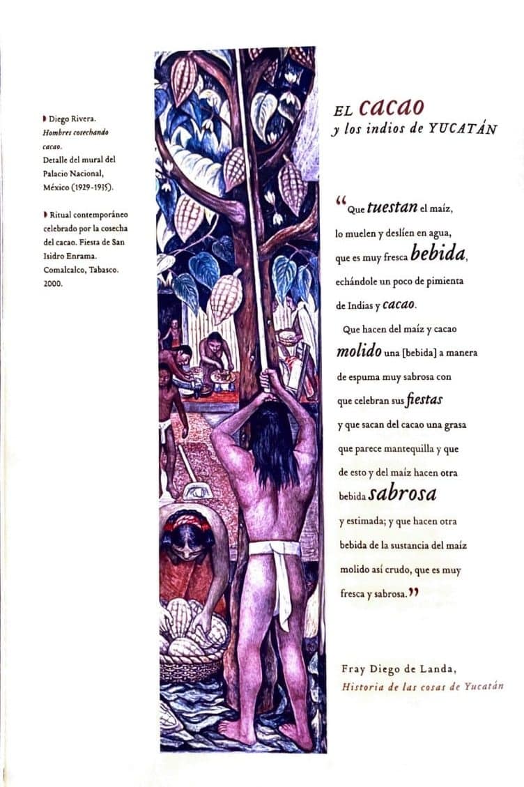 Un mural hecho por Diego Rivera, junto con texto escrito por Fray Diego de Landa