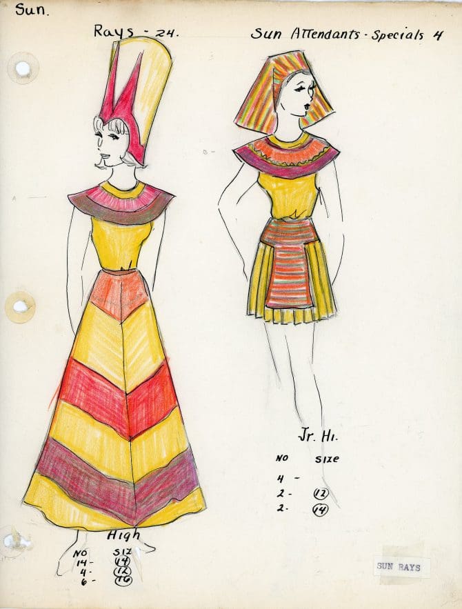 Illustrations of costumes for court of the sun characters in Oakland's Christmas Pageant