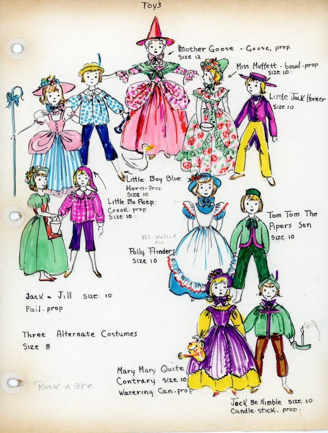Illustrations of costumes for various toy characters in Oakland's Christmas Pageant