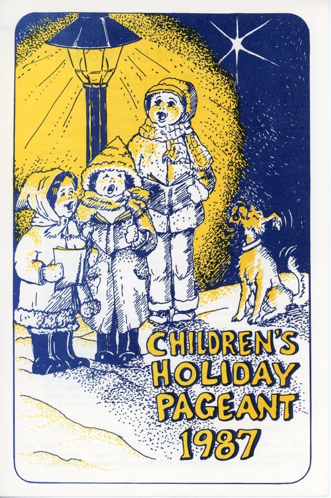 Program for 1987 Christmas Pageant with illustration of carolers