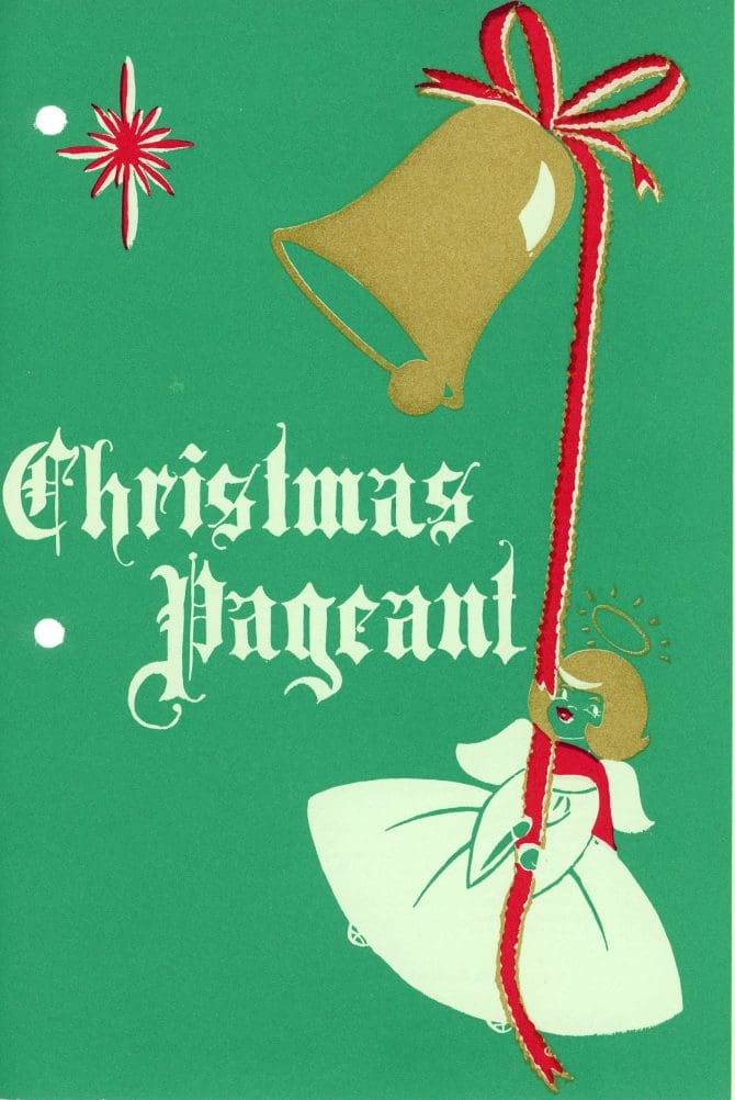 Program for 1959 Christmas Pageant with illustration of an angel ringing a bell