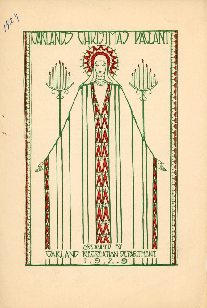 Program for 1929 Christmas Pageant with illustration of woman in holiday robes and crown