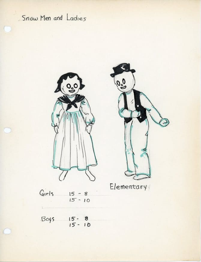 Illustration of two snow people costumes for children.