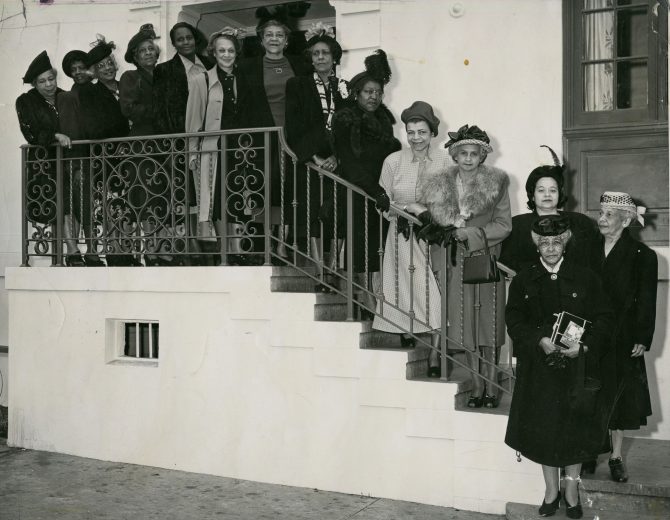 Women standing on steps of Buchanan Street Y.W.C.A. building