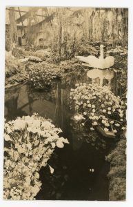 Black and white image showing floral displays floating on water, including a large white swan.