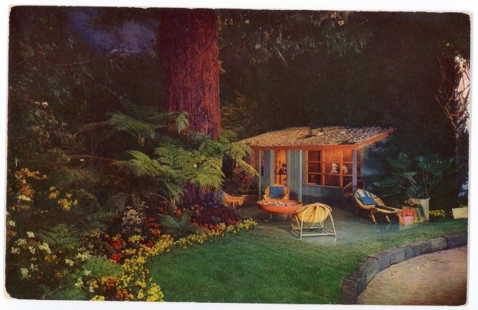 Color image showing brightly colored patio furniture outside a backyard cottage or cabana next to a redwood tree and other plants.
