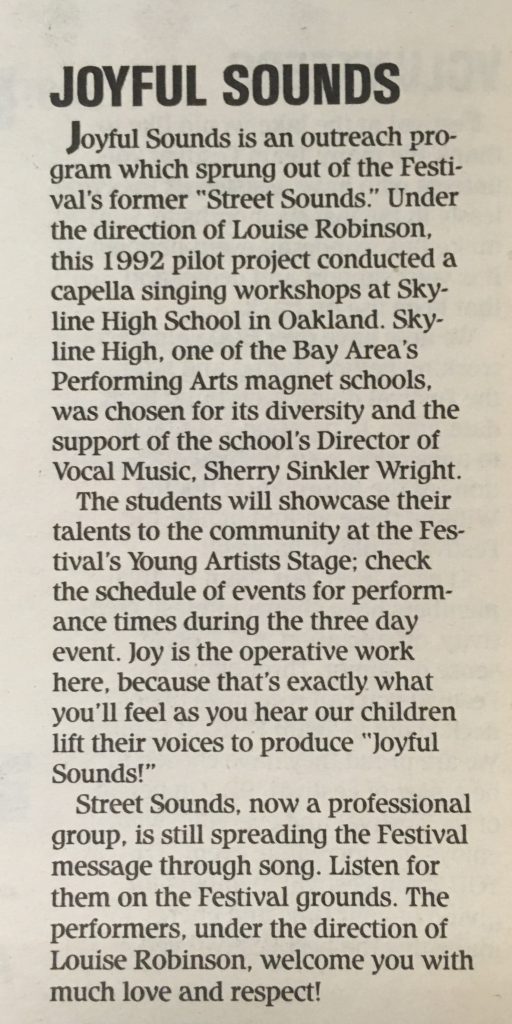 Brief article describing the Joyful Sounds and Street Sounds choirs that began at Skyline High in 1992.