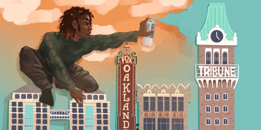Teen artwork of a young person perched on the Oakland Federal Building spray painting sky blue color aimed at the Oakland Tribune building.