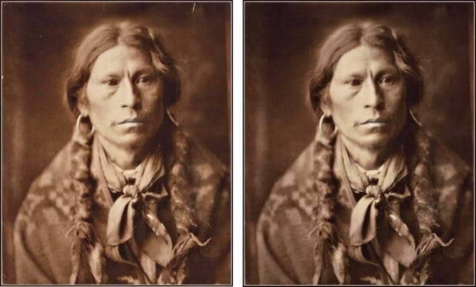 Vintage photo of Apache Chief James A. Garfield before and after restoration