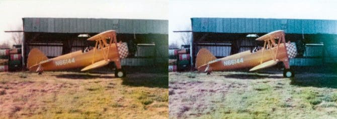 Before and after photos of a biplane on grass in front of shed