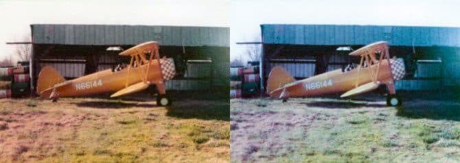 Before and after photos of a biplane on grass in front of shed