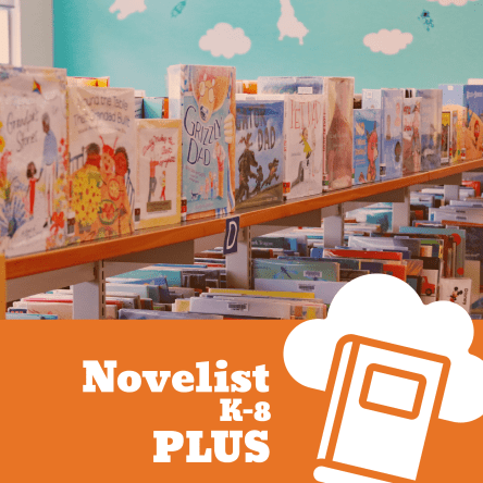 "Novelist K-8 PLUS" with book web resource icon and photo of children's books in background