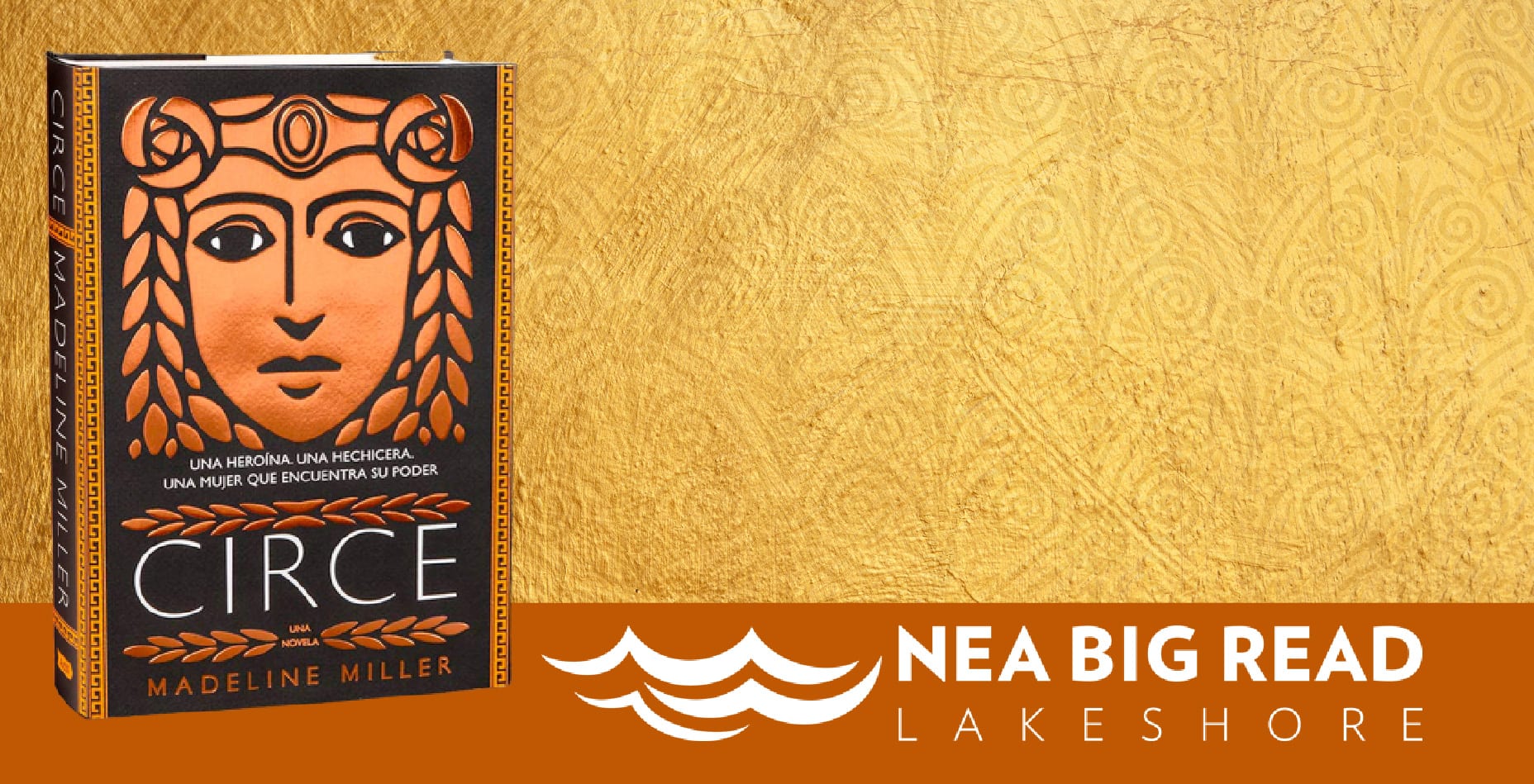 "NEA Big Read Lakeshore" logo with photo of this year's book title, Circe