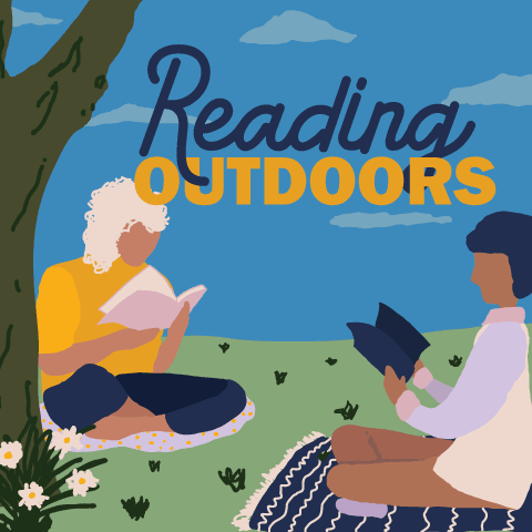 "Reading Outdoors" with images of two people reading near trees