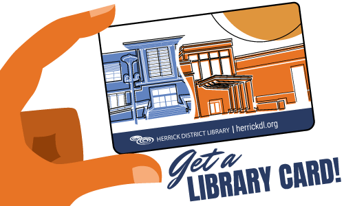 "Get a library card" with an illustration of a person's hand, colored orange, holding a library card from HDL