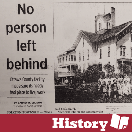 Old newspaper article with the heading "No Person Left Behind" and a card title of "History" with an icon of a book