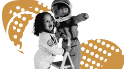 Black and white photo of two children in astronaut costumes set against white and blue circular art illustrations