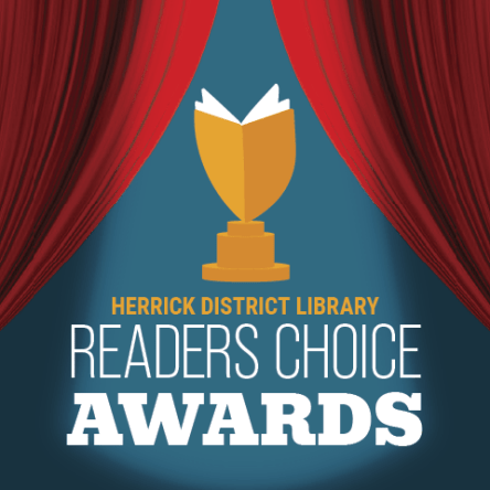 "HDL Readers Choice Awards" with an illustration of a trophy with a golden book on top, and red theater curtains